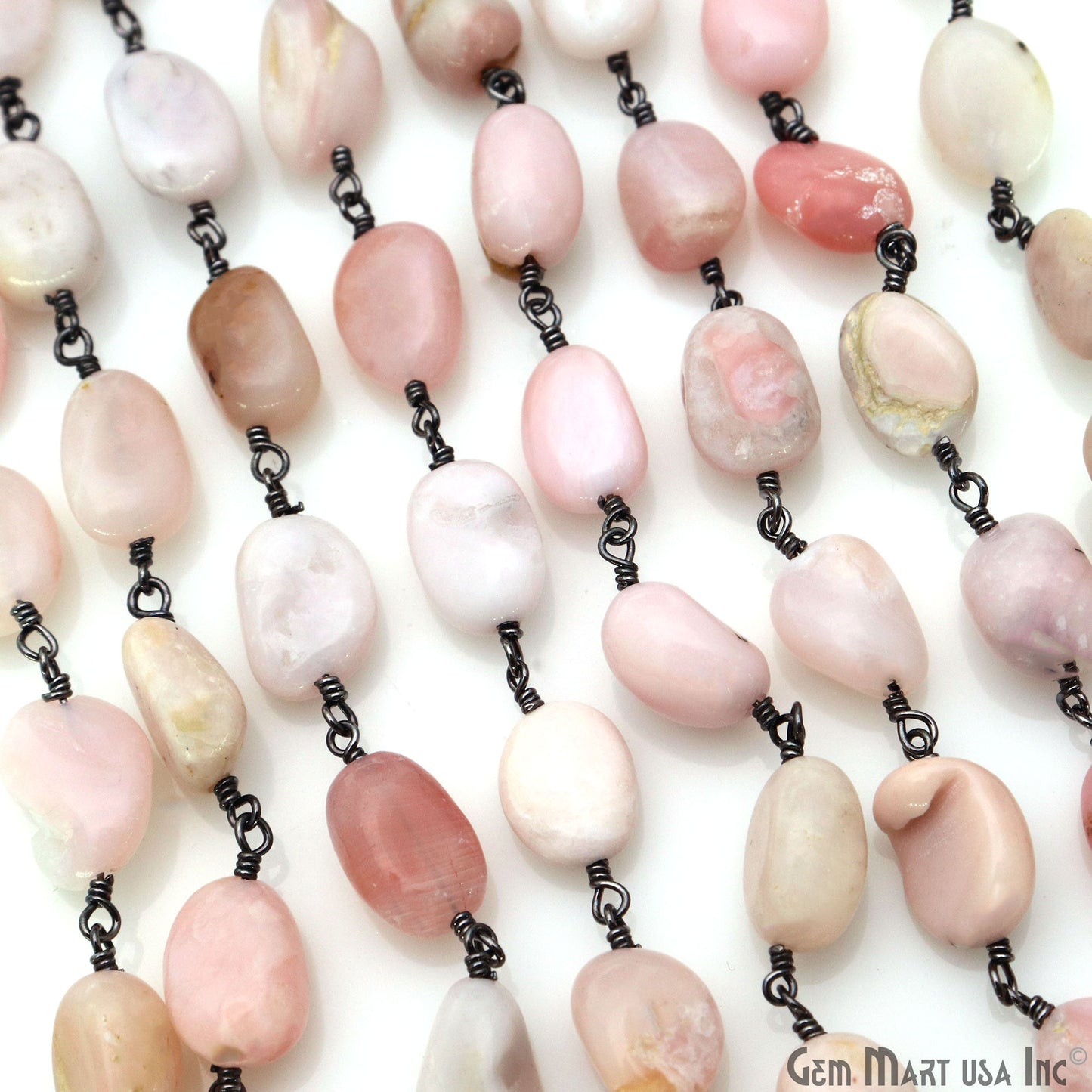 Pink Opal 12x5mm Tumble Beads Oxidized Wire Wrapped Rosary Chain