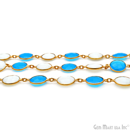 Sky Blue Chalcedony With White Agate Round 12mm Gold Plated Continuous Connector Chain