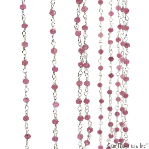 Pink Tourmaline Gemstone Silver Wire Wrapped Bead Rosary Chain