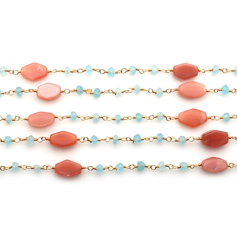 Moonstone 10x6mm Aqua Chalcedony 3-4mm Beaded Gold Plated Wire Wrapped Rosary Chain - GemMartUSA