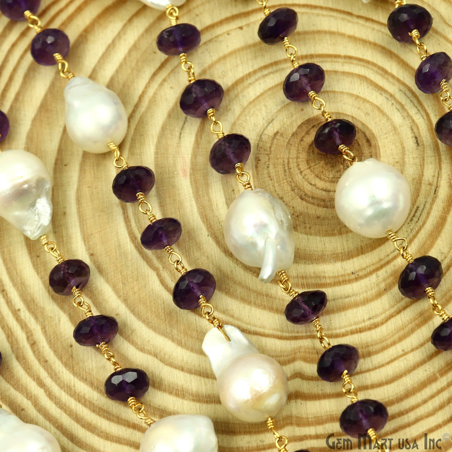 Amethyst 8-9mm & Pearl 17x12mm Beads Gold Plated Rosary Chain