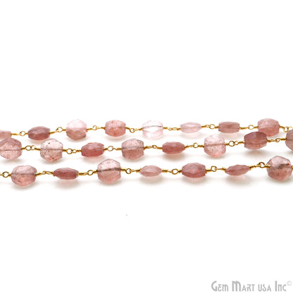 Strawberry Quartz Faceted Hexagon Beads 7-8mm Gold Plated Wire Wrapped Rosary Chain