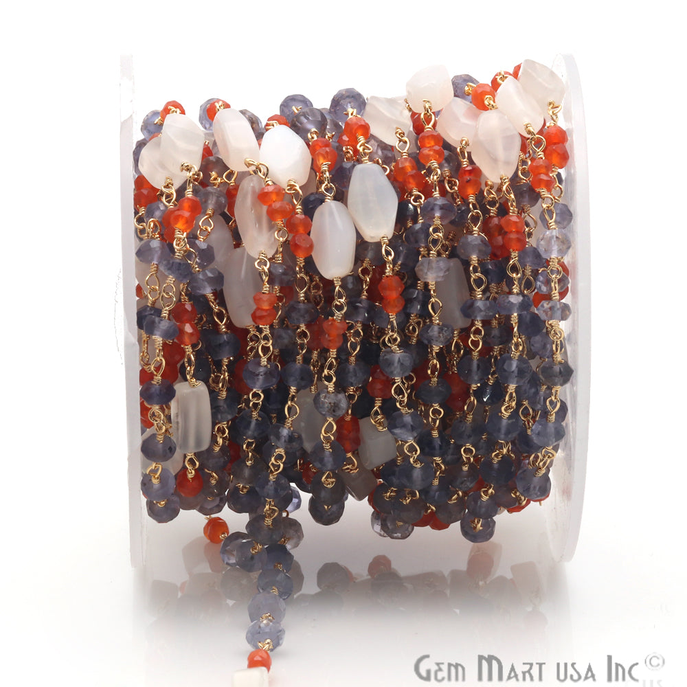 Moonstone 10x6mm Carnelian and Tanzanite 3-4mm Beaded Gold Plated Wire Wrapped Rosary Chain - GemMartUSA
