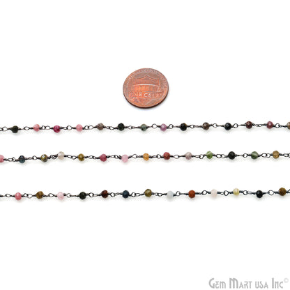 Multi Tourmaline 2.5-3mm Round Tiny Beads Oxidized Rosary Chain