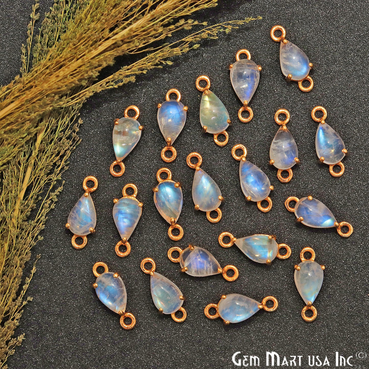 Rainbow Moonstone Cabochon Pears Prong Gold Plated Bail Connector - GemMartUSA
