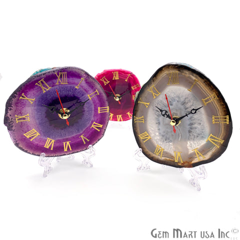 Agate Slice Clock With Golden Etchings, Home Decor (Pick Color) - GemMartUSA