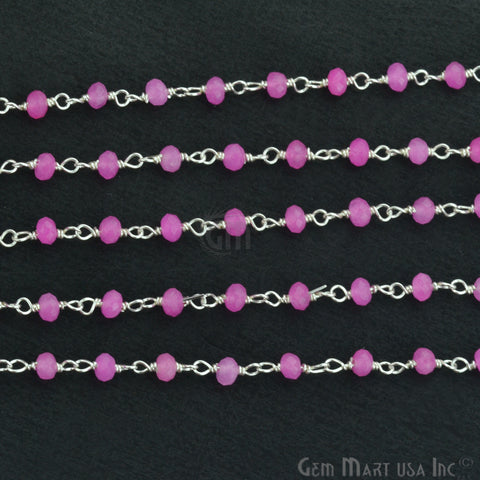 Hot Pink Chalcedony Silver Plated Wire Wrapped Beads Rosary Chain (763849703471)