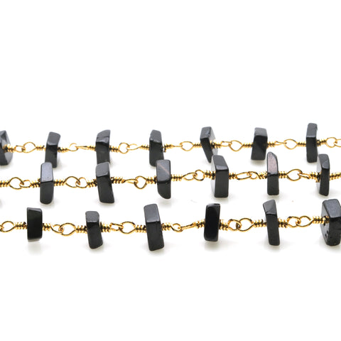 Black Spinel Square Beads 4-5mm Gold Wire Wrapped Rosary Chain