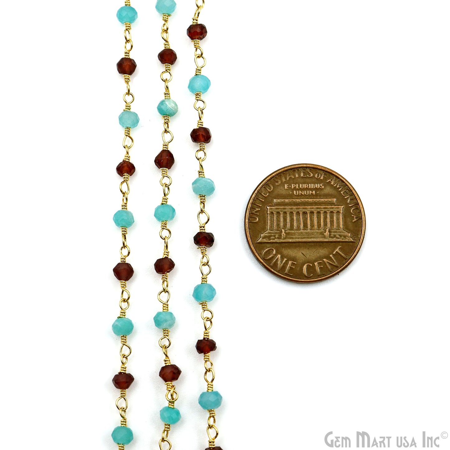 Garnet & Amazonite Beads 3-3.5mm Gold Plated Wire Wrapped Rosary Chain