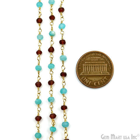 Garnet & Amazonite Beads 3-3.5mm Gold Plated Wire Wrapped Rosary Chain