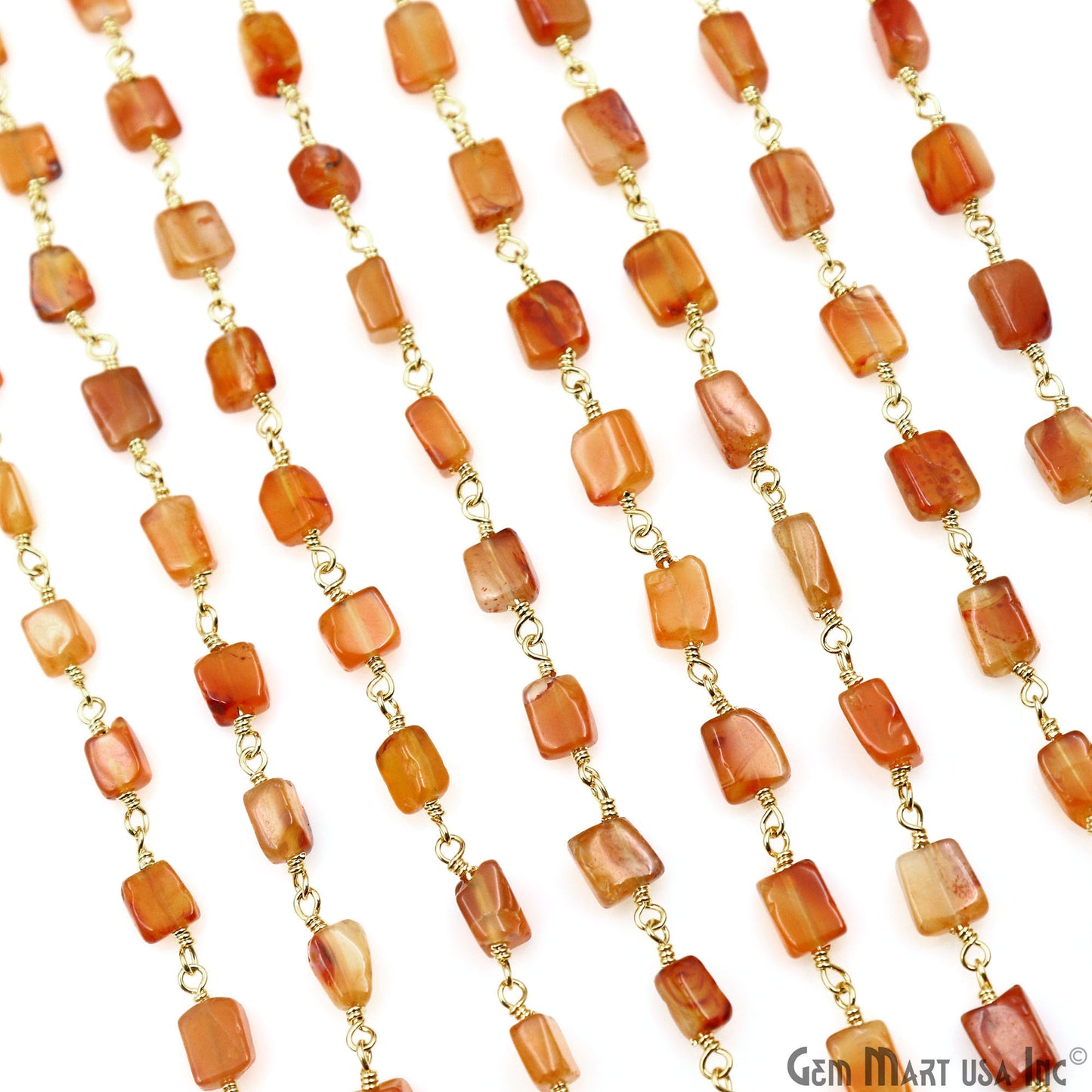 Carnelian Beads 8x5mm Gold Plated Wire Wrapped Beaded Rosary Chain