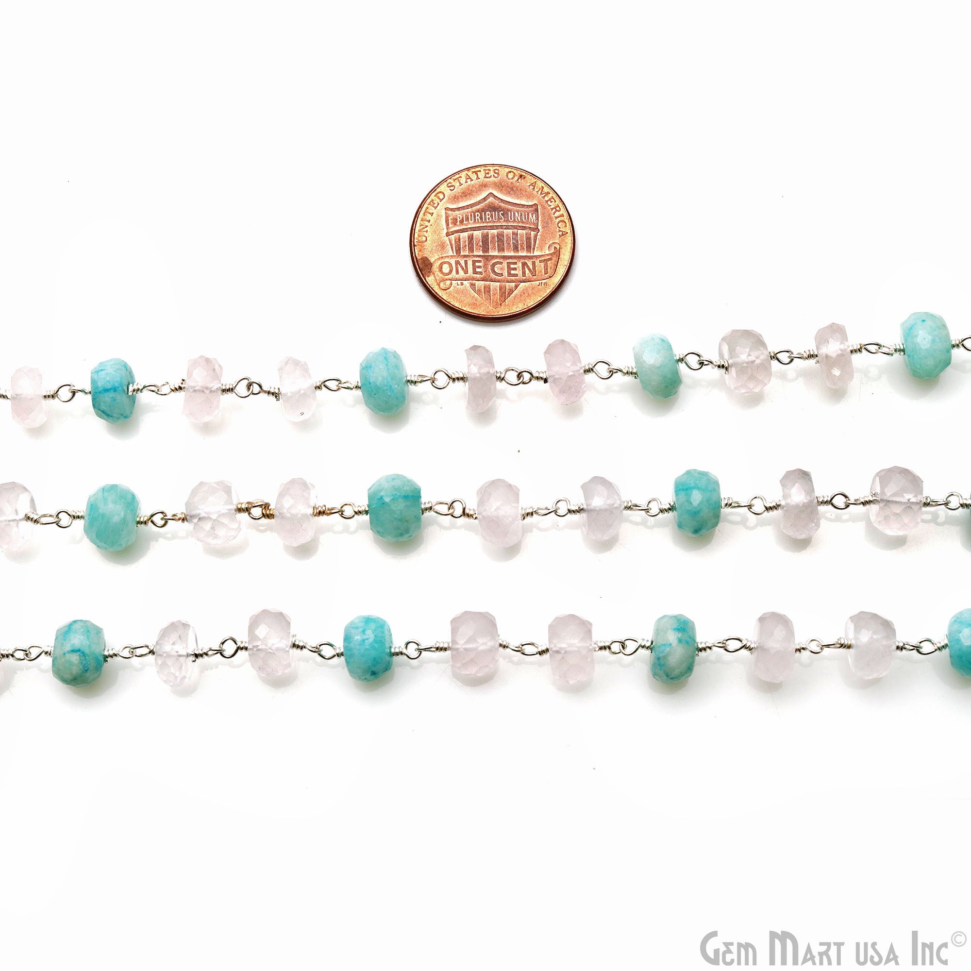 Rose Quartz With Amazonite Rondelle Beads Silver Wire Wrapped Rosary Chain