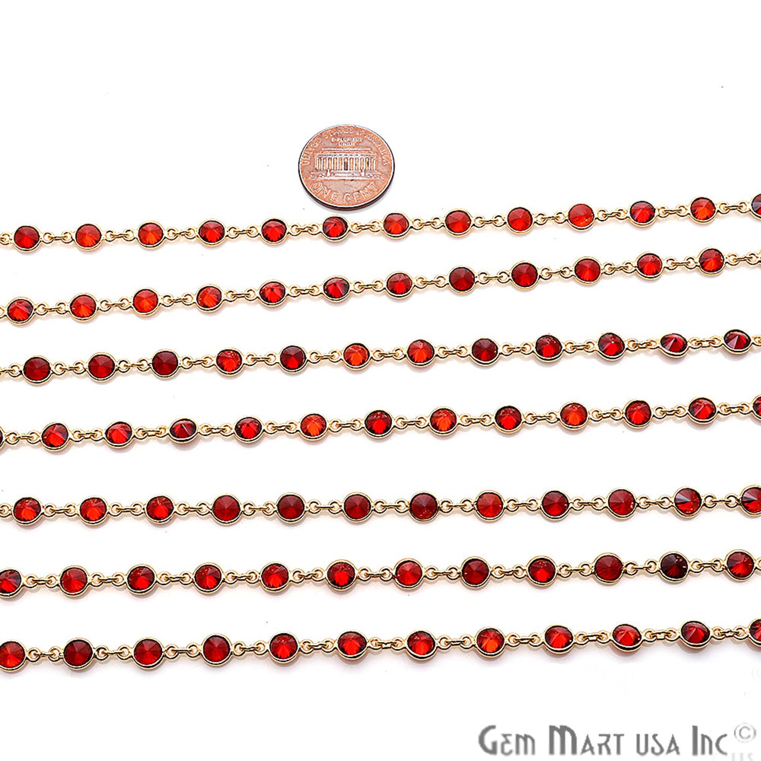 Garnet Gemstone 5mm Round Bezeled Gold Plated Continuous Connector Chain - GemMartUSA