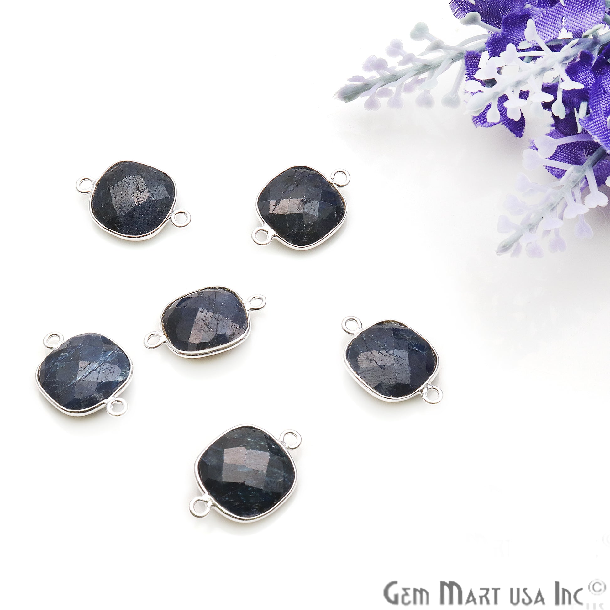 Natural Sapphire Square 12mm Double Bail Silver Plated Gemstone Connector - GemMartUSA