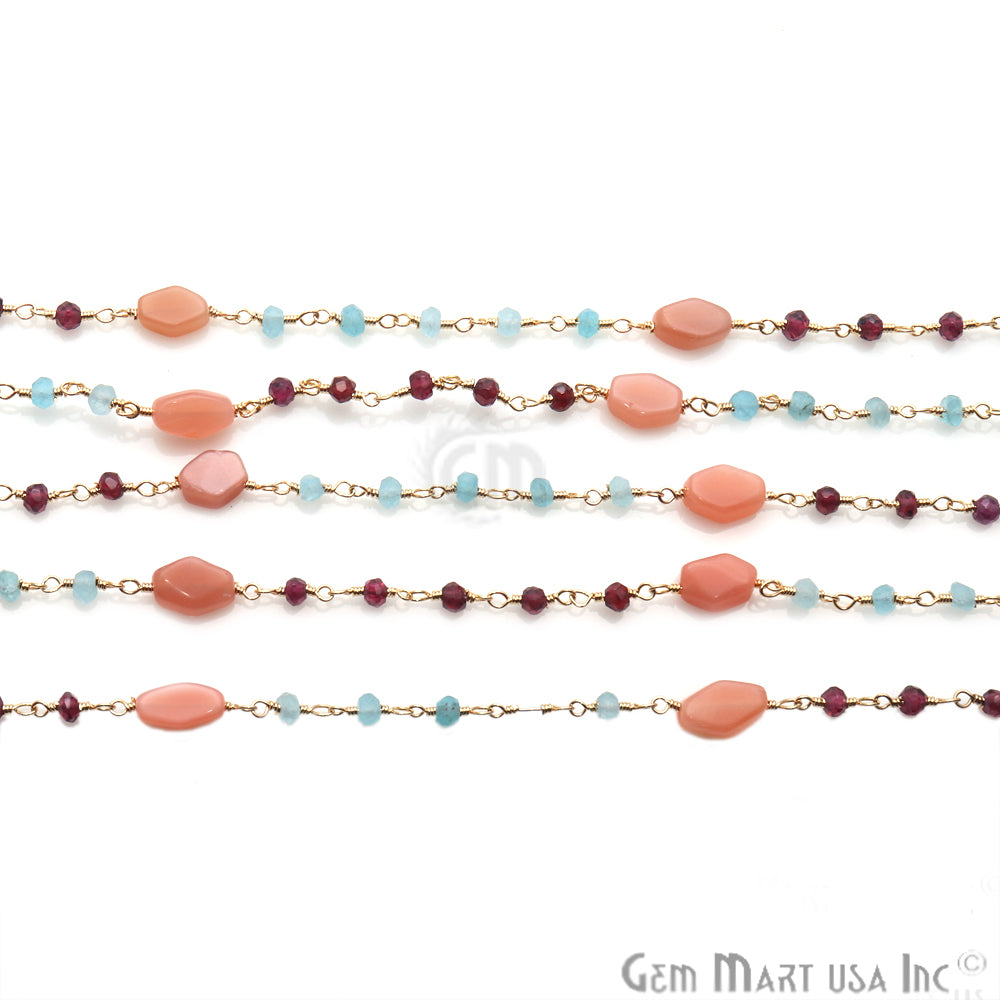Moonstone 10x6mm Aqua Chalcedony and Rhodolite 3-4mm Beaded Gold Plated Wire Wrapped Rosary Chain - GemMartUSA