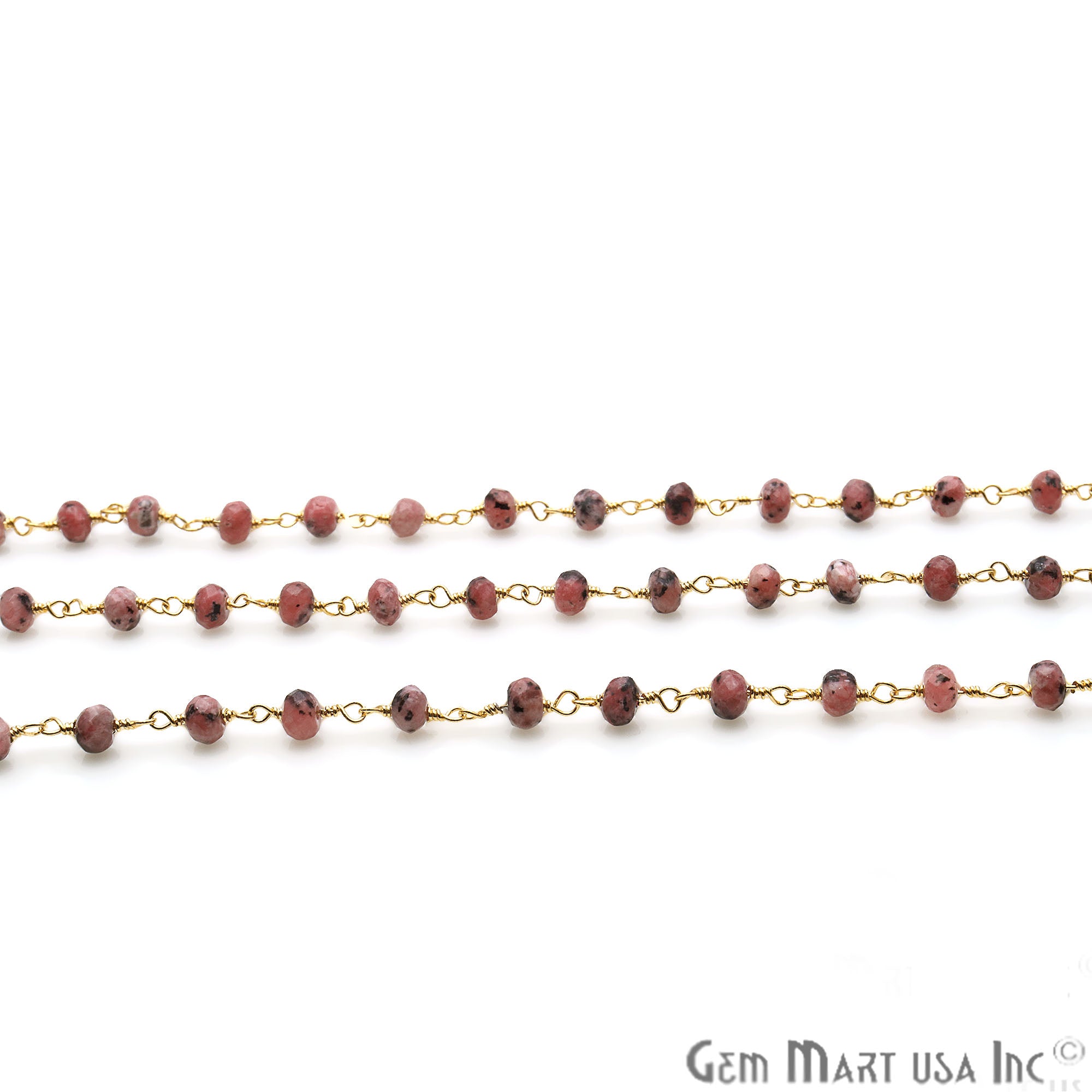 Rhodochrosite Jade Faceted Beads 4mm Gold Plated Wire Wrapped Rosary Chain - GemMartUSA