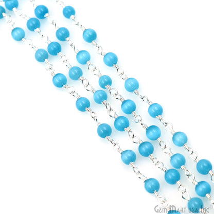 Blue Monalisa Cabochon 4mm Silver Wire Wrapped Rosary Chain