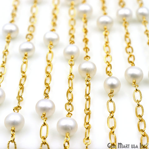 Pearl Round Beads With Gold Plated Oval Finding Rosary Chain