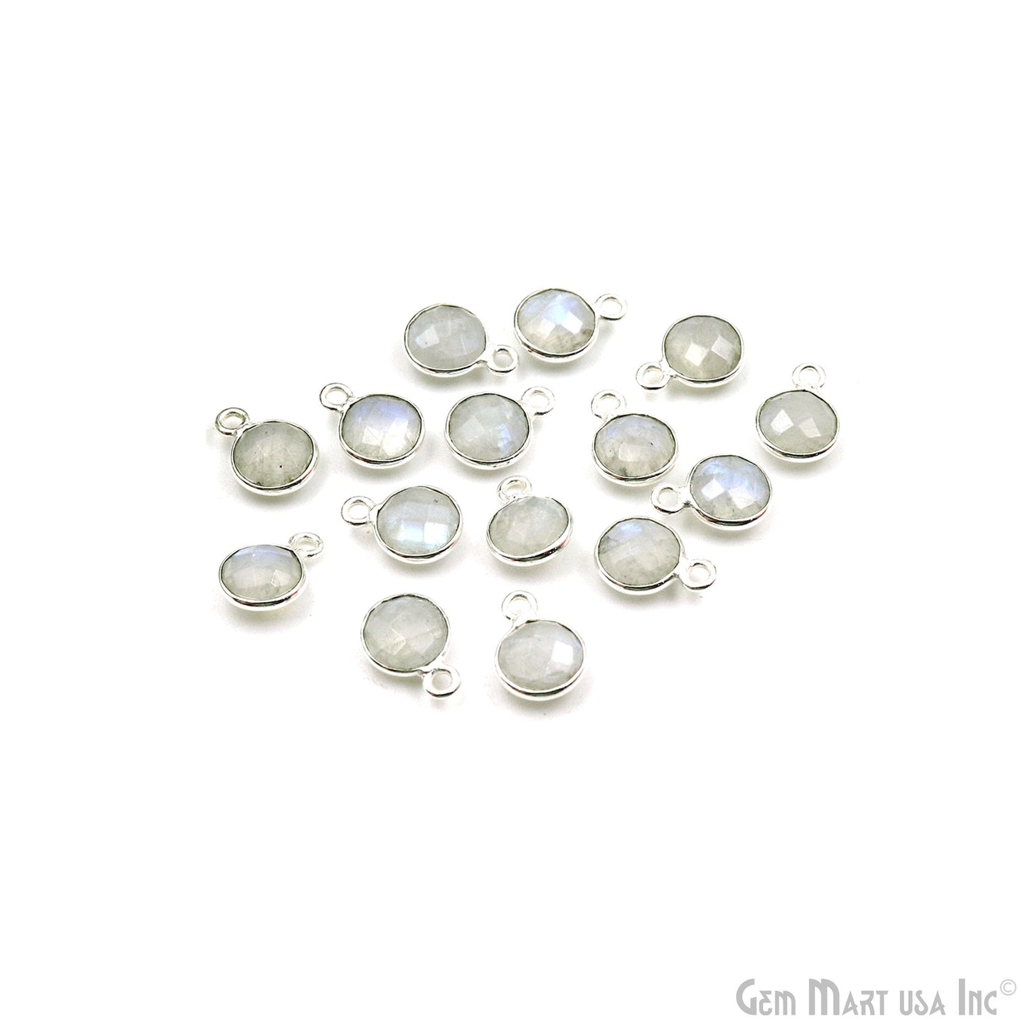 Rainbow Moonstone 7mm Round Single Bail Silver Plated Gemstone Connector