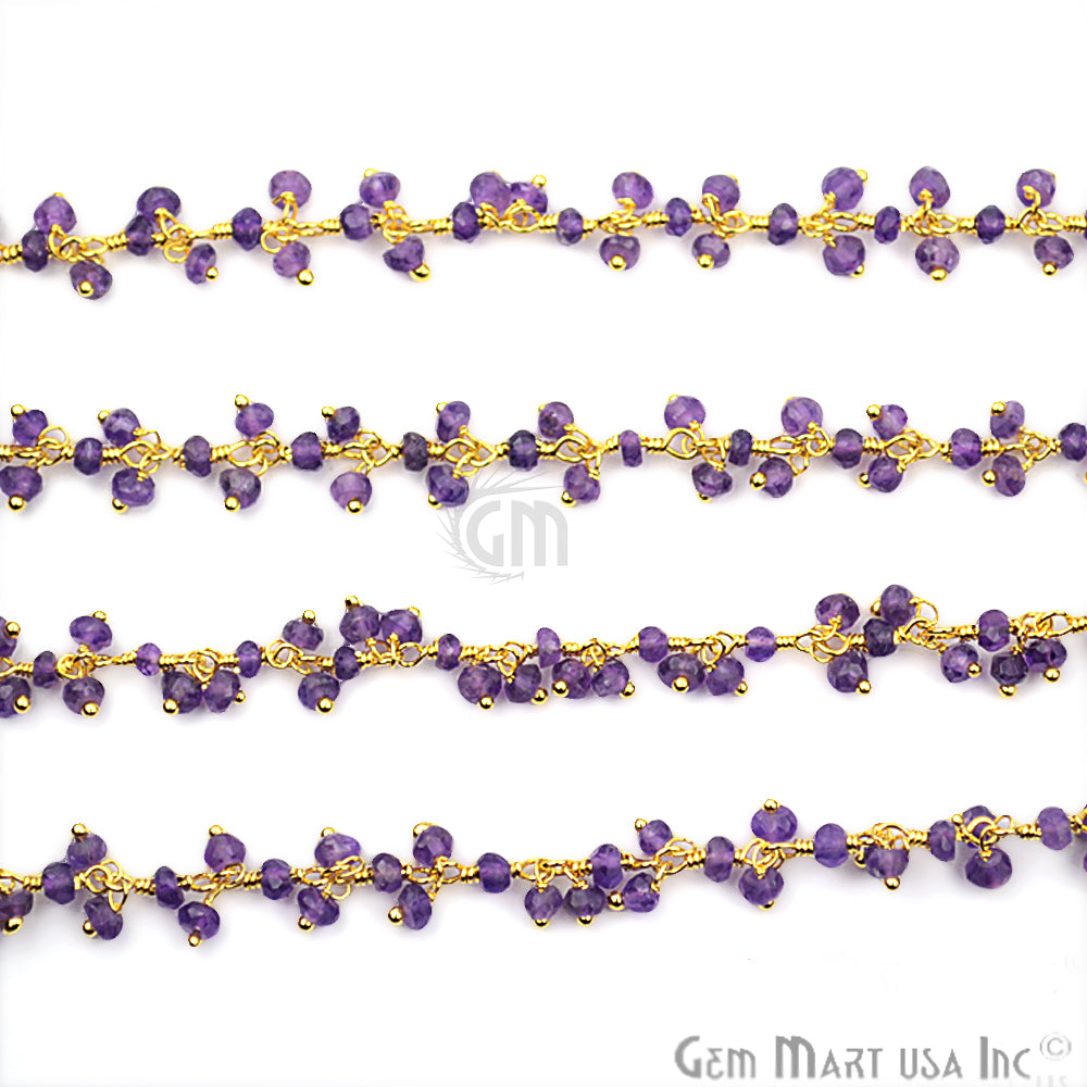 Amethyst Round Faceted Gold Plated Cluster Beads Wire Wrapped Rosary Chain - GemMartUSA