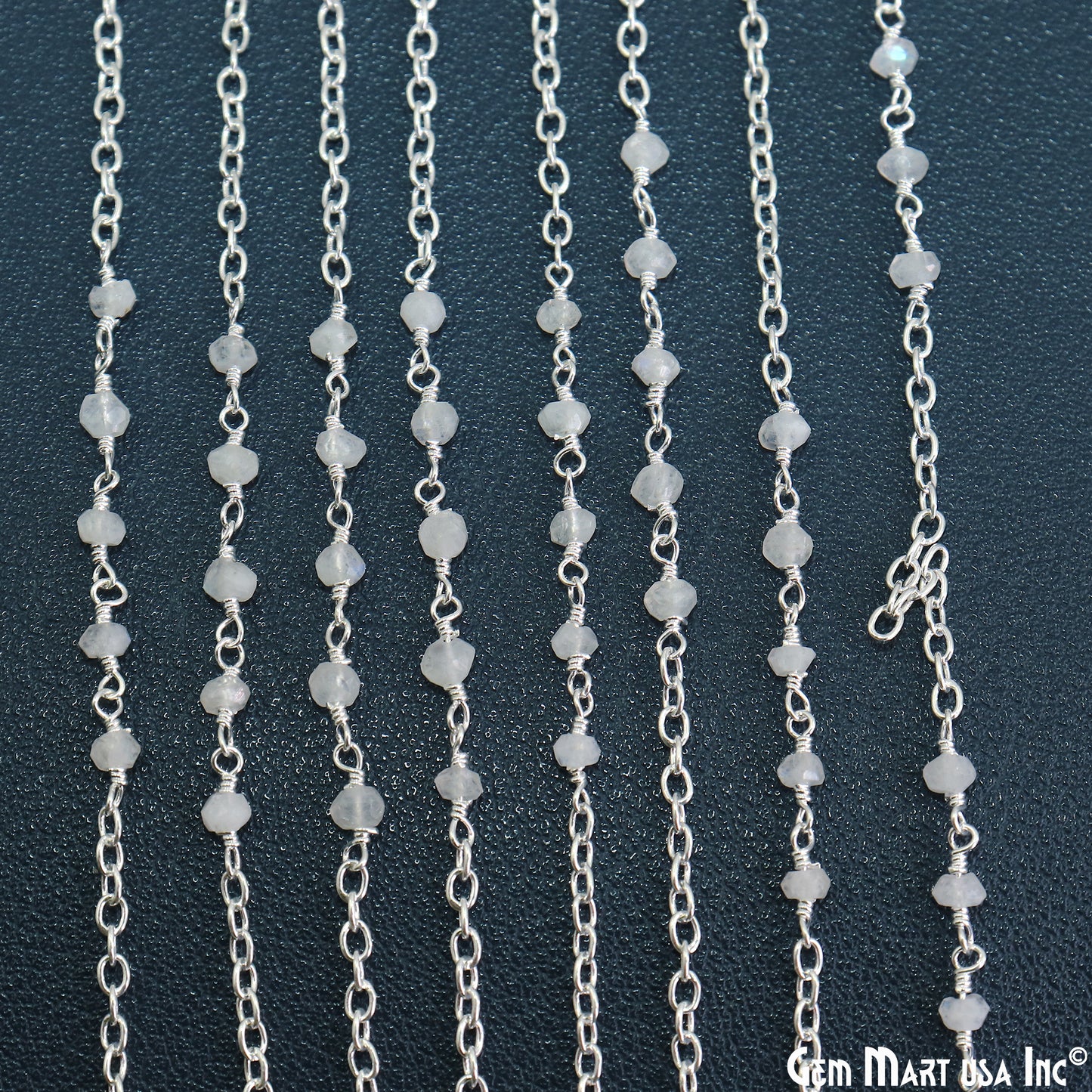 Rainbow Moonstone Faceted Beads 3-3.5mm Gemstone Beaded Silver Plated Wire Wrapped Rosary Chain