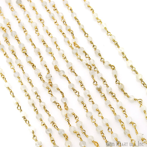White Chalcedony 2.5-3mm Tiny Beads Gold Plated Wire Wrapped Rosary Chain