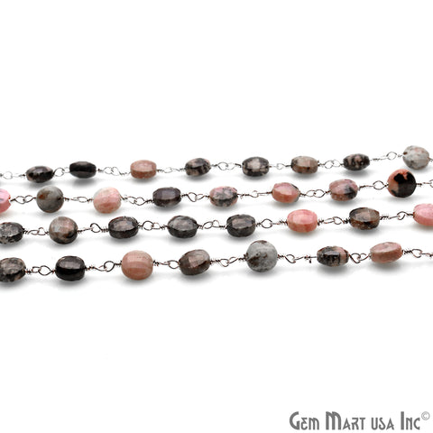 Rhodonite Coin Faceted 6mm Silver Wire Wrapped Rosary Chain - GemMartUSA
