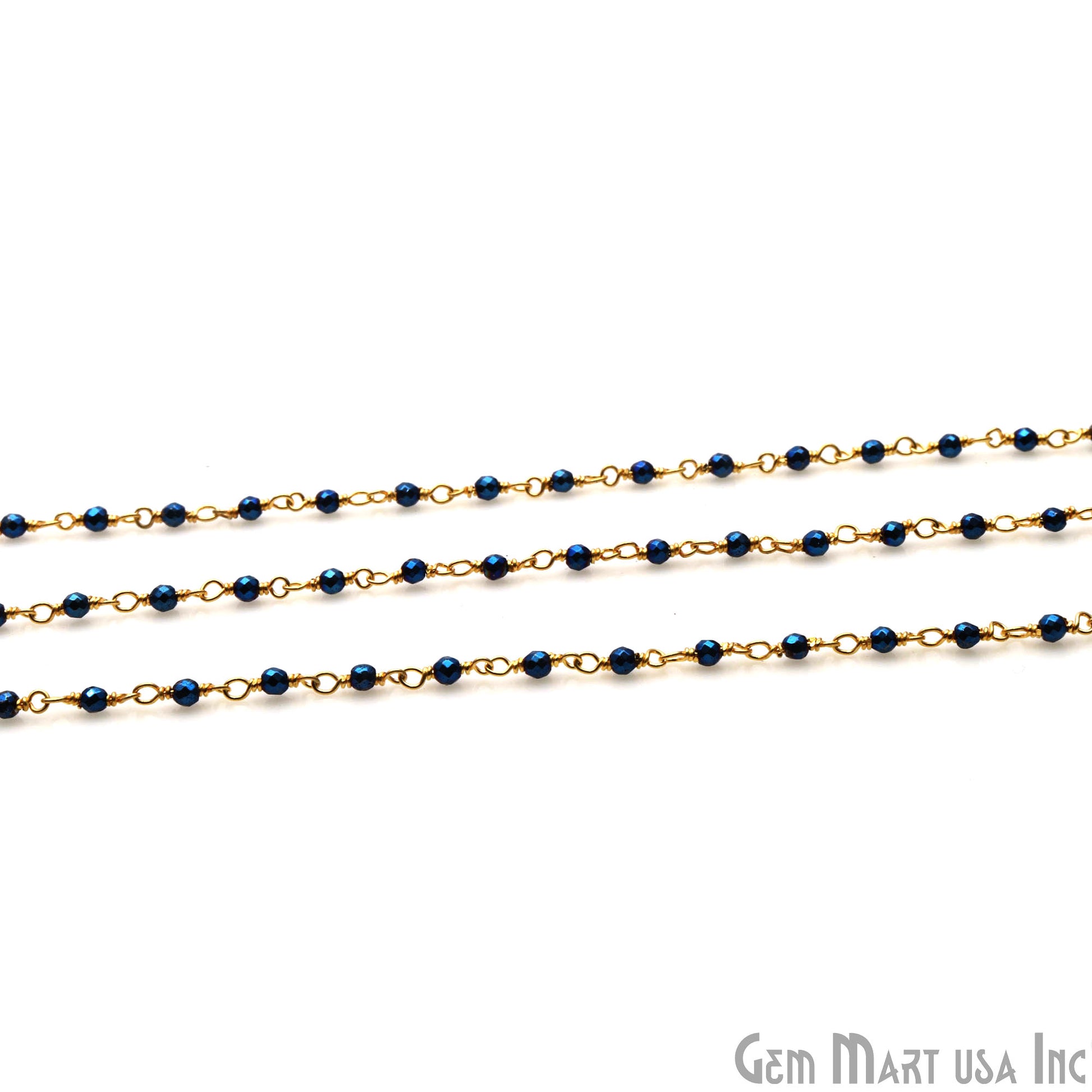 Metallic Blue Pyrite 2-2.5mm Tiny Beads Gold Plated Wire Wrapped Rosary Chain - GemMartUSA