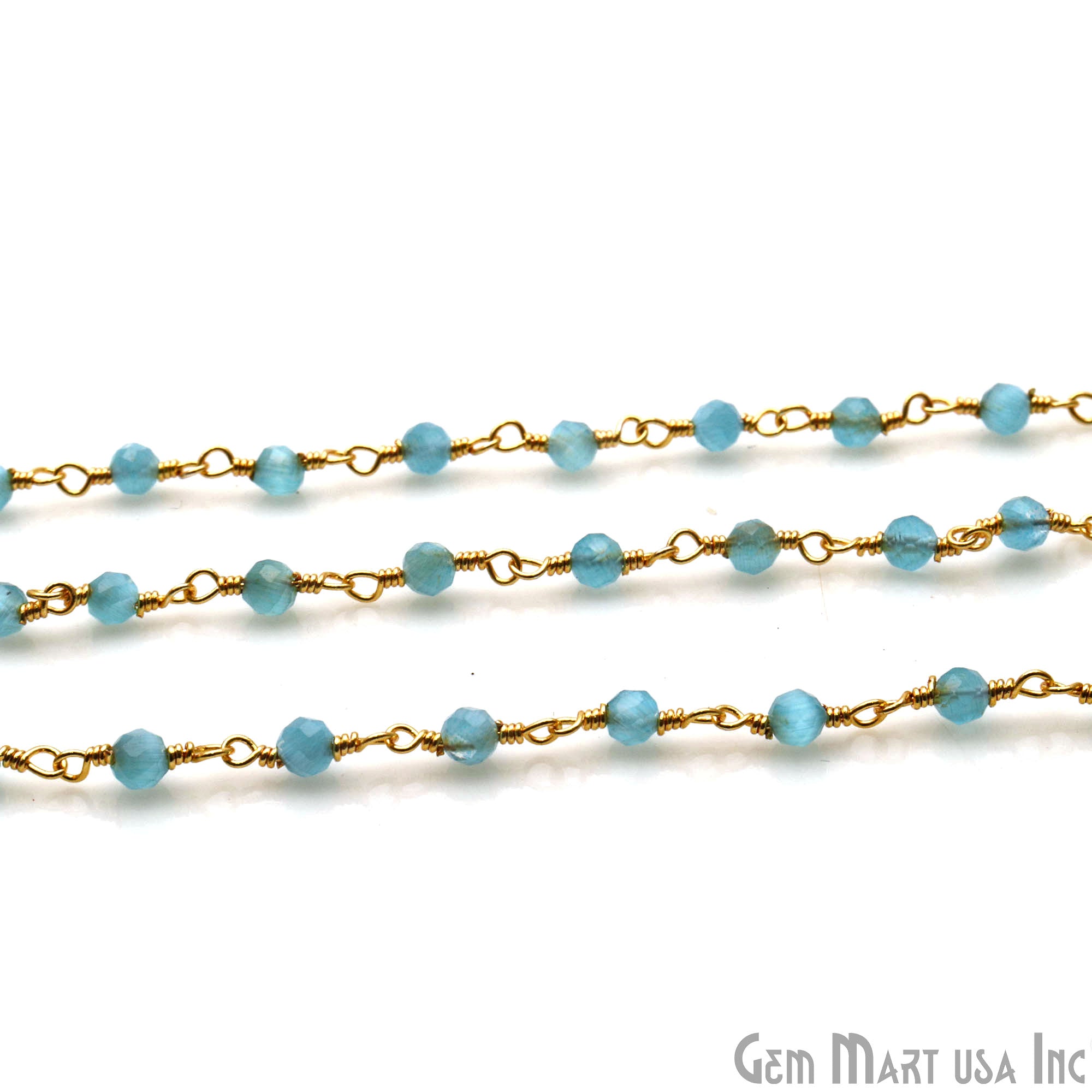 Blue Monalisa 3-3.5mm Beads Gold Wire Wrapped Rosary Chain - GemMartUSA