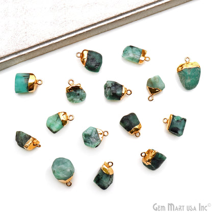 Rough Emerald Gemstone 17x12mm Organic Gold Edged Single Bail Connector Charm