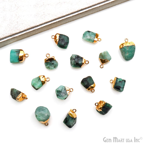 Rough Emerald Gemstone 17x12mm Organic Gold Edged Single Bail Connector Charm