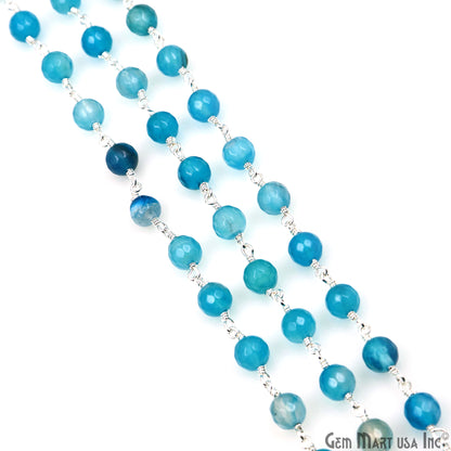 Shaded Blue Jade Cabochon 6mm Beads Silver Wire Wrapped Rosary Chain