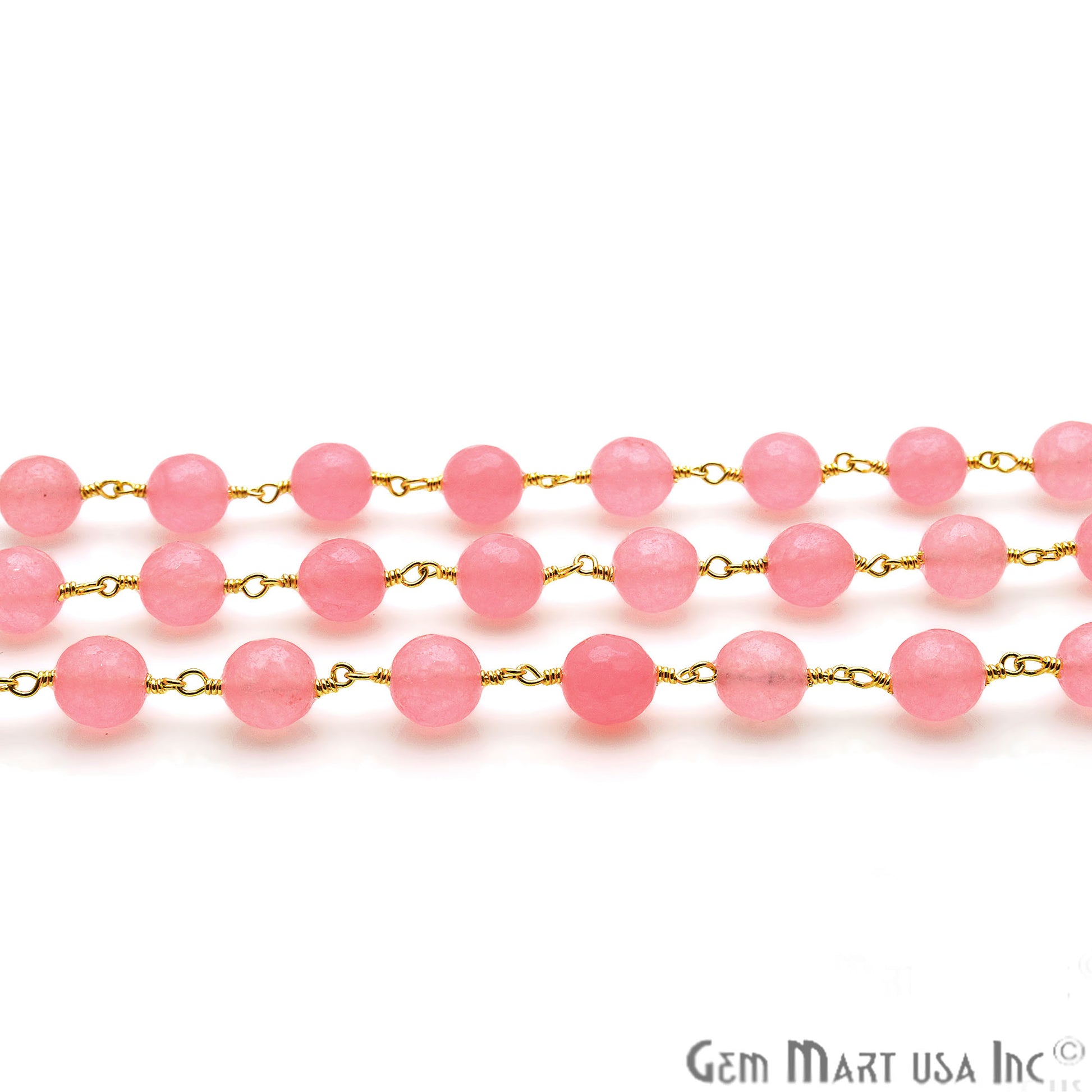 Pink Jade 8mm Gold Plated Wire Wrapped Beads Rosary Chain - GemMartUSA