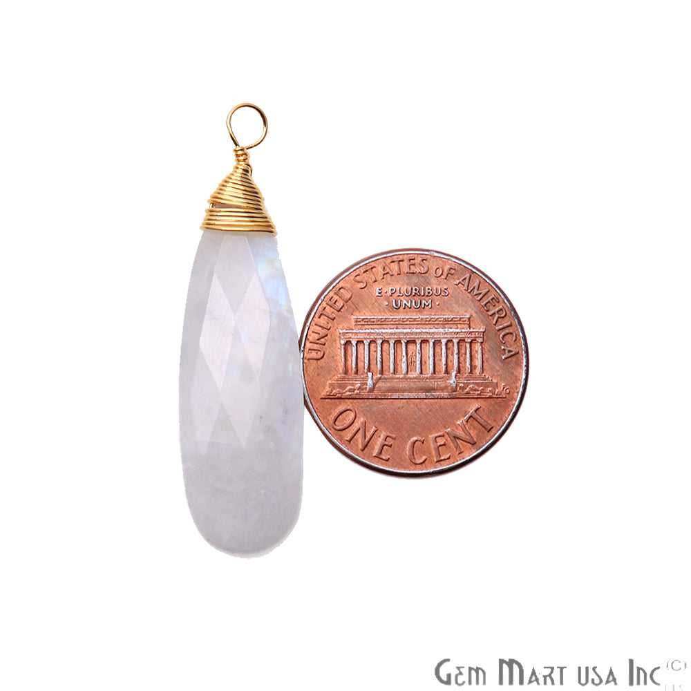 Rainbow Moonstone Pear 37x10mm Gold Wire Wrapped Gemstone Connector - GemMartUSA