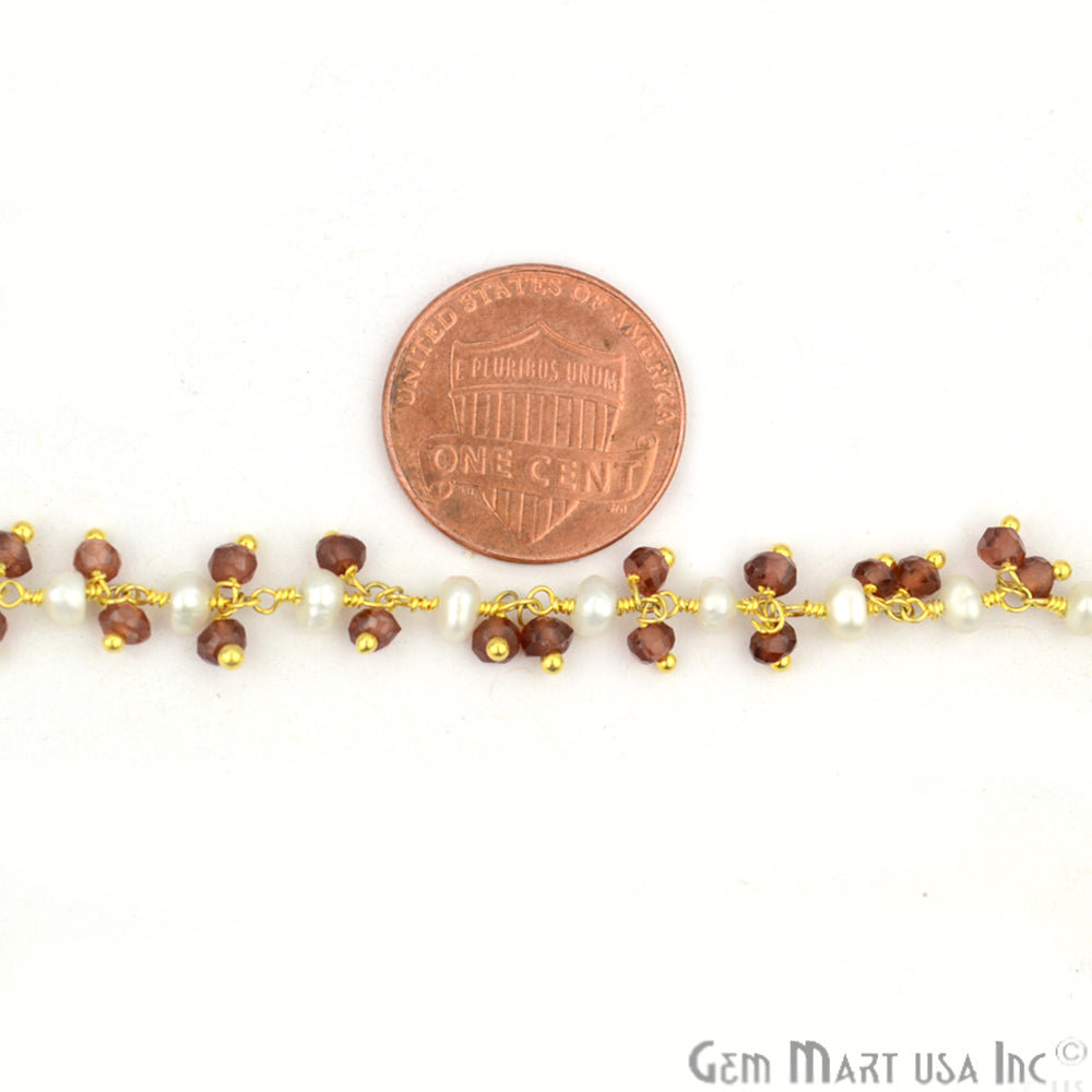 Garnet With Pearl Faceted Beads Gold Wire Wrapped Cluster Dangle Chain - GemMartUSA (764170567727)