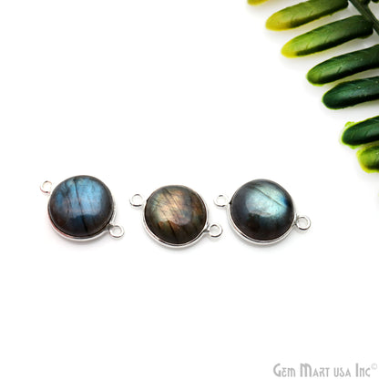 Flashy Labradorite Cabochon 13mm Round Double Bail Silver Plated Gemstone Connector