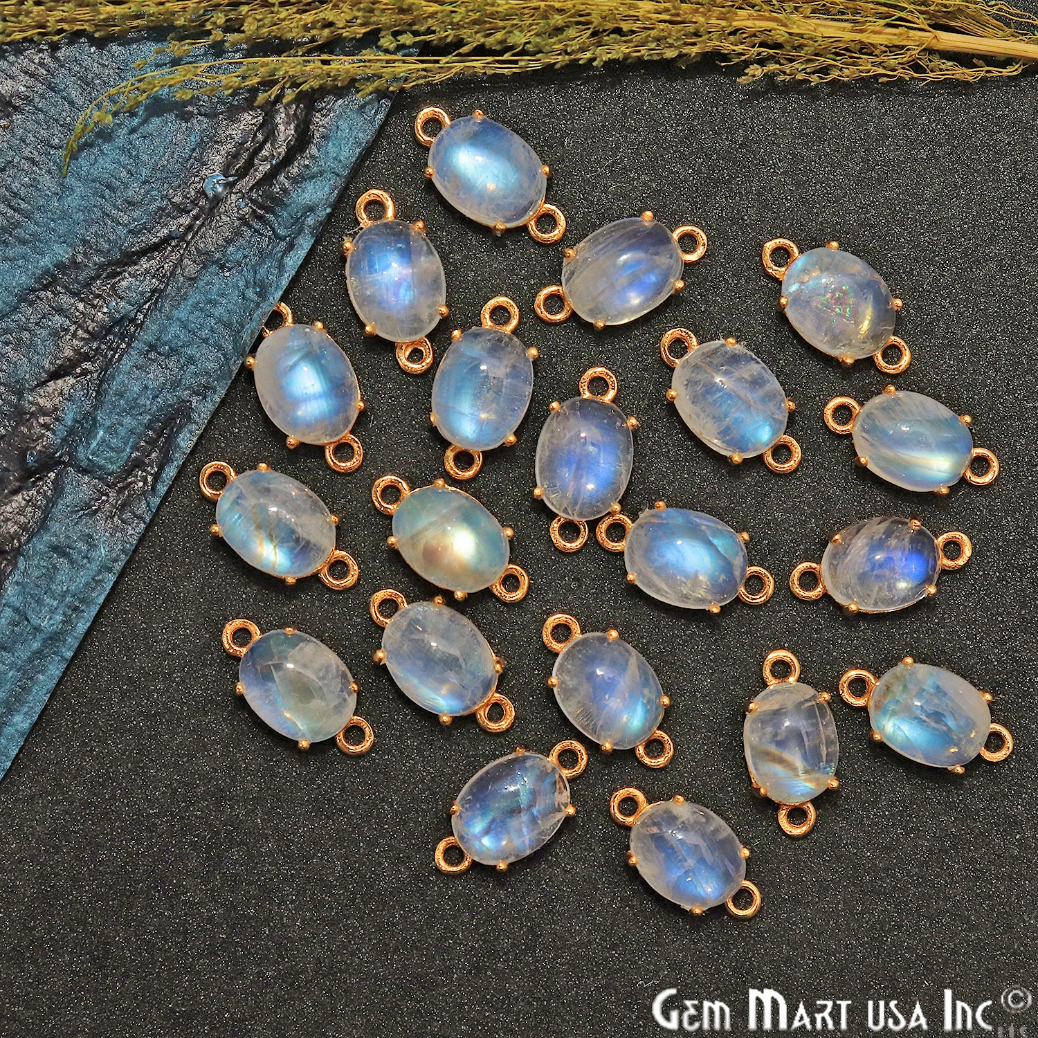 Rainbow Moonstone Cabochon Oval Prong Gold Plated Bail Connector - GemMartUSA