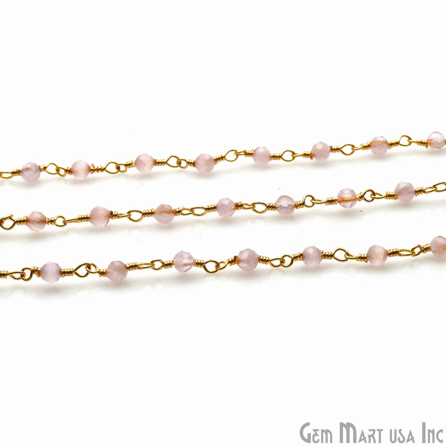 Pink Monalisa 3-3.5mm Beads Gold Wire Wrapped Rosary Chain - GemMartUSA