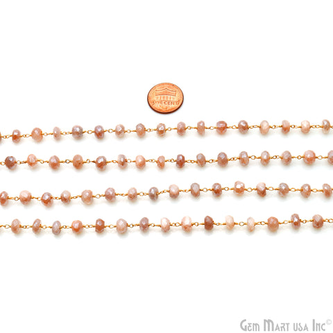 Peach Moonstone 6-7mm Gold Wire Wrapped Rondelle Faceted Bead Rosary Chain