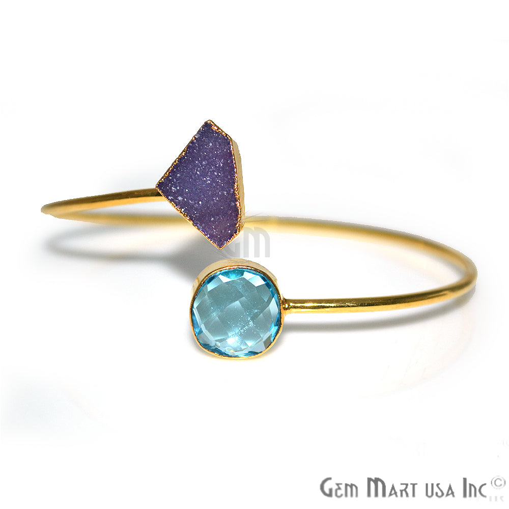 Gold Electroplated Adjustable Gemstone with Druzy Stacking Bangle Bracelet - GemMartUSA