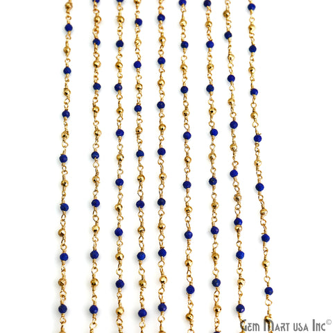 Lapis & Golden Pyrite 2-2.5mm Tiny Beads Gold Plated Wire Wrapped Rosary Chain