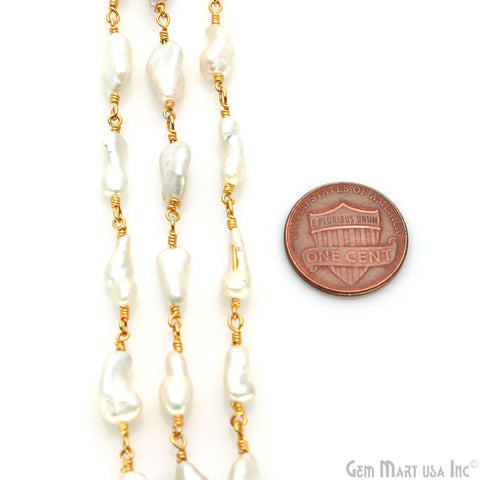 Pearl Free Form 14x8mm Gold Wire Wrapped Rosary Chain