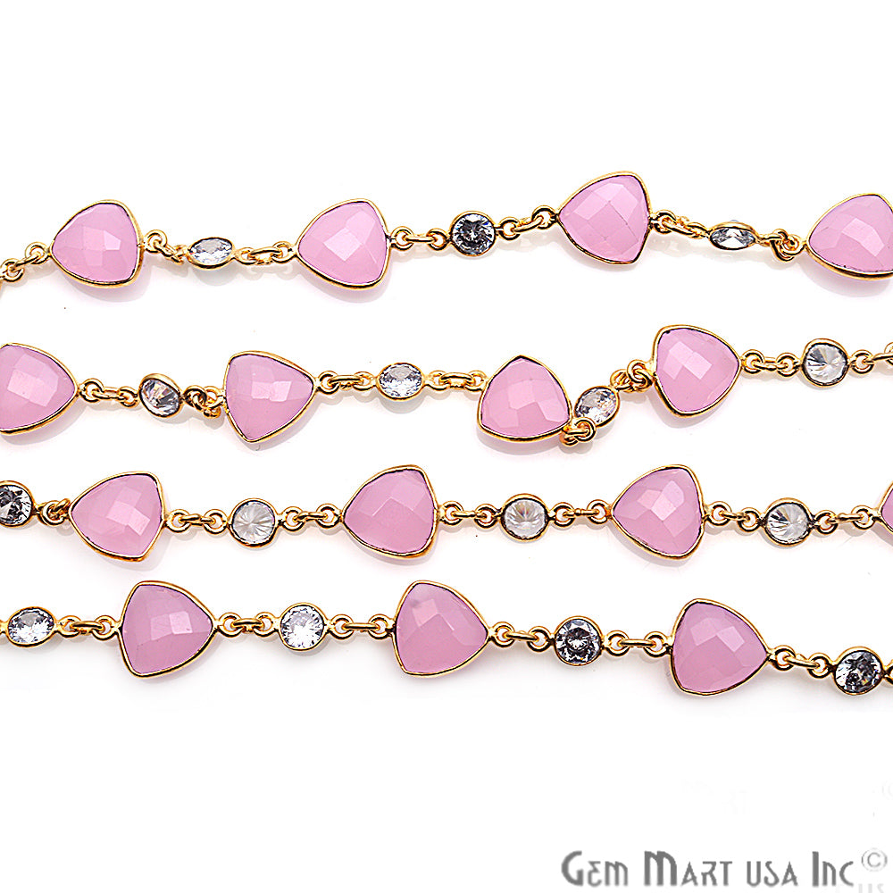 Rose Chalcedony & Crystal Gold Plated Bezel Link Continuous Connector Chain - GemMartUSA
