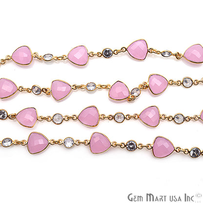 Rose Chalcedony & Crystal Gold Plated Bezel Link Continuous Connector Chain - GemMartUSA