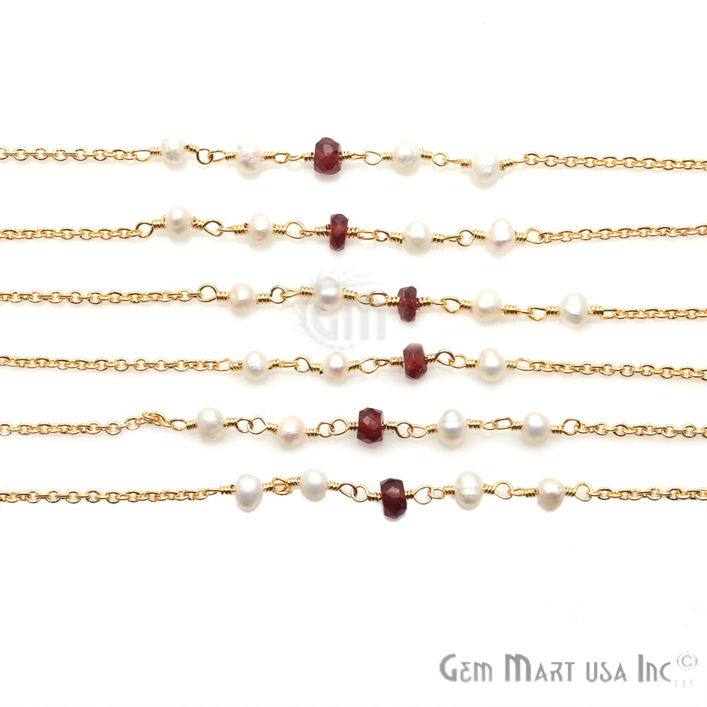 Garnet & Pearl Multi Gemstone Beaded Gold Wire Wrapped Rosary Chain