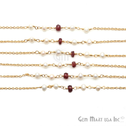 Garnet & Pearl Multi Gemstone Beaded Wire Wrapped Rosary Chain