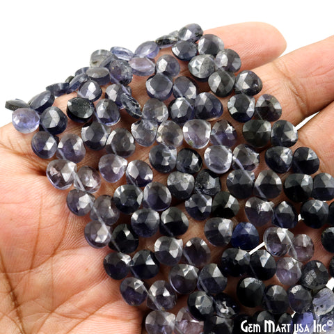 Iolite Heart Beads, 7 Inch Gemstone Strands, Drilled Strung Briolette Beads, Heart Shape, 7mm