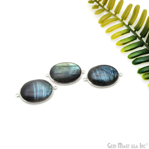 Flashy Labradorite Cabochon 25x18mm Oval Double Bail Silver Plated Gemstone Connector