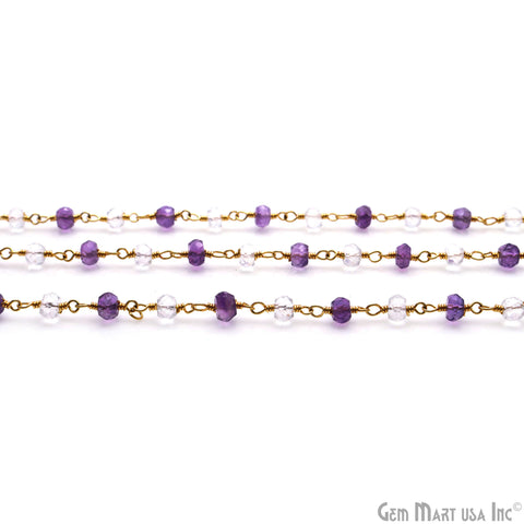 Amethyst & Crystal Faceted Beads 4mm Gold Wire Wrapped Rosary Chain