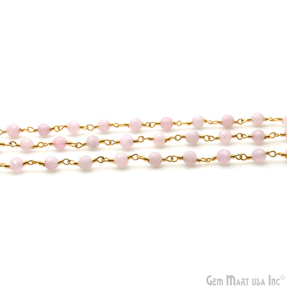 Light Pink Jade Faceted Beads 4mm Gold Plated Wire Wrapped Rosary Chain